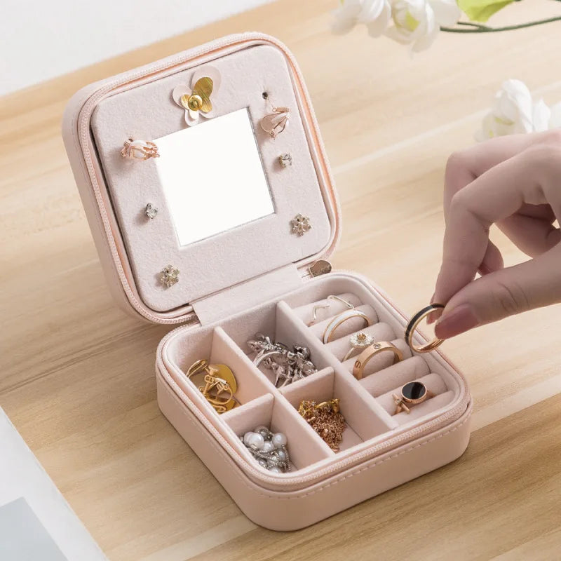 Bling Rhinestone Jewelry Box Case Makeup Organizer Dresser Display Cabinet Travel Portable Leather Partition Storage Box