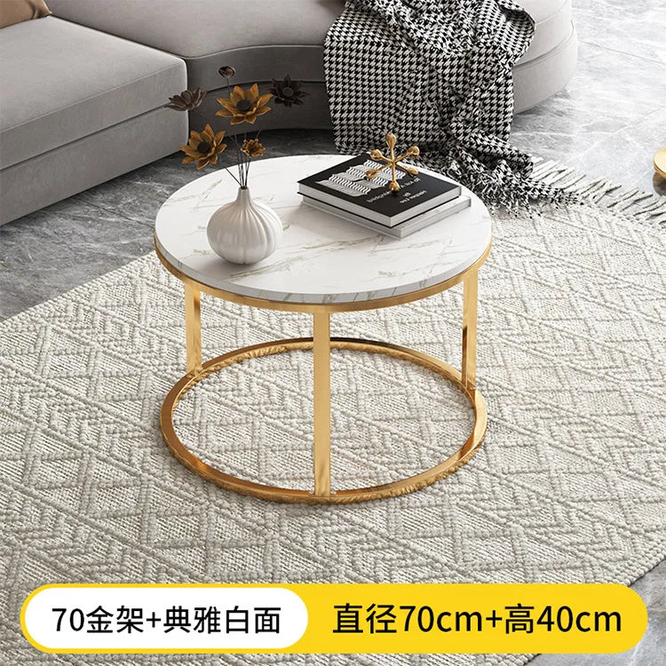 Round Tea Table Living Room Coffee Tables Marble Texture Wooden Combination Furniture Durable Table 70CM 50CM 80CM 60CM