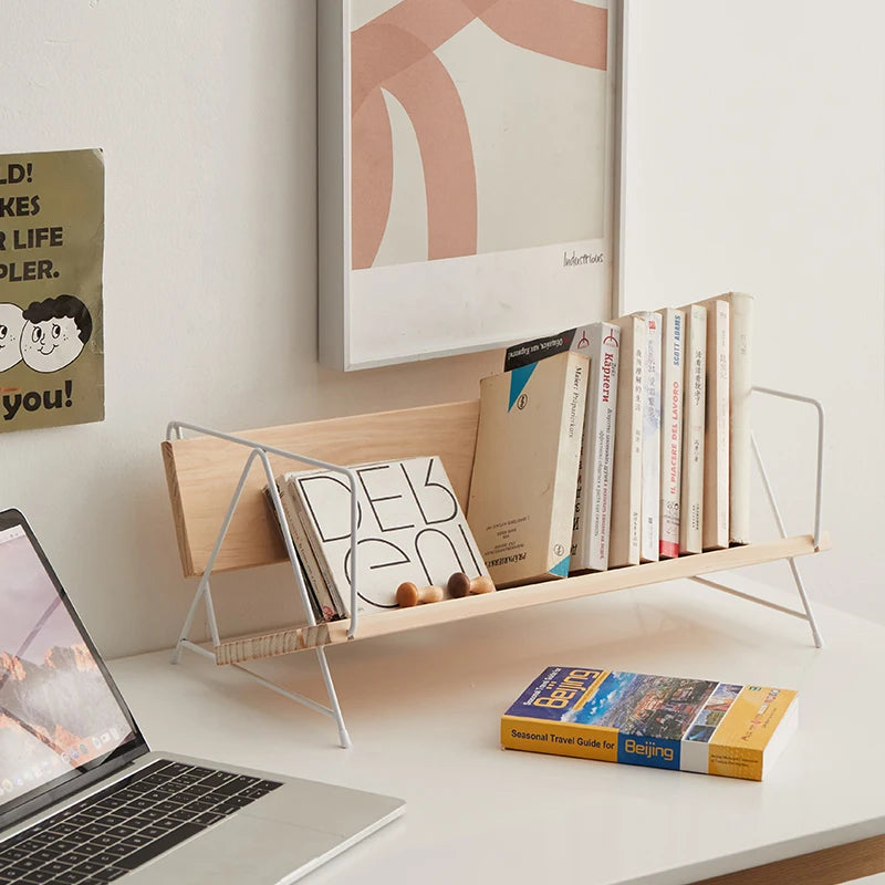 Iron Solid Wood Small Bookshelf Desktop Book Simple Storage Shelf Office Desk Shelf