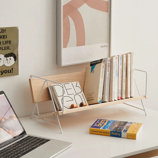 Iron Solid Wood Small Bookshelf Desktop Book Simple Storage Shelf Office Desk Shelf