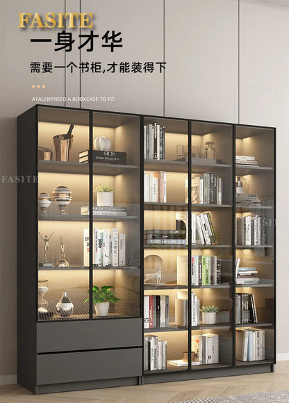 Glass door, light luxury bookcase, living room, floor to wall, dustproof bookcase, bookshelf