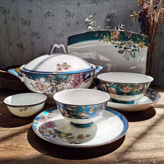 Bone china tableware Chinese style pastoral style 4.5 inch rice bowl flower bird embossed flower 8 inch plate 12 inch fish plate