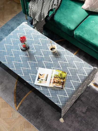 Cotton Linen Coffee Table Cloth,Coffee Table Cover with Tassels TV Cabinet Waterproof Rectangle Wavy Tablecloths