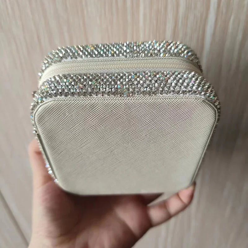 Bling Rhinestone Jewelry Box Case Makeup Organizer Dresser Display Cabinet Travel Portable Leather Partition Storage Box