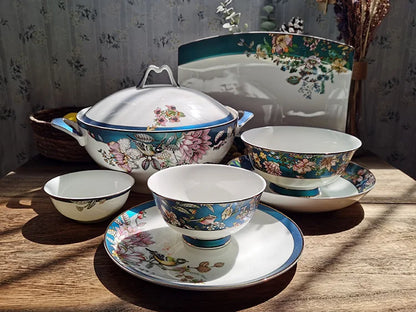 Bone china tableware Chinese style pastoral style 4.5 inch rice bowl flower bird embossed flower 8 inch plate 12 inch fish plate
