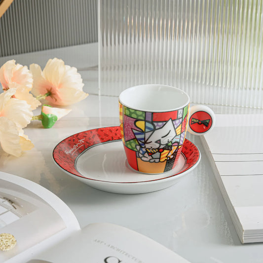 German Blue Cat European Creative Mini Ceramic Coffee Cup Tea Cups and Saucer Sets  Coffee Cup  Cute Cup  Teacup Mug