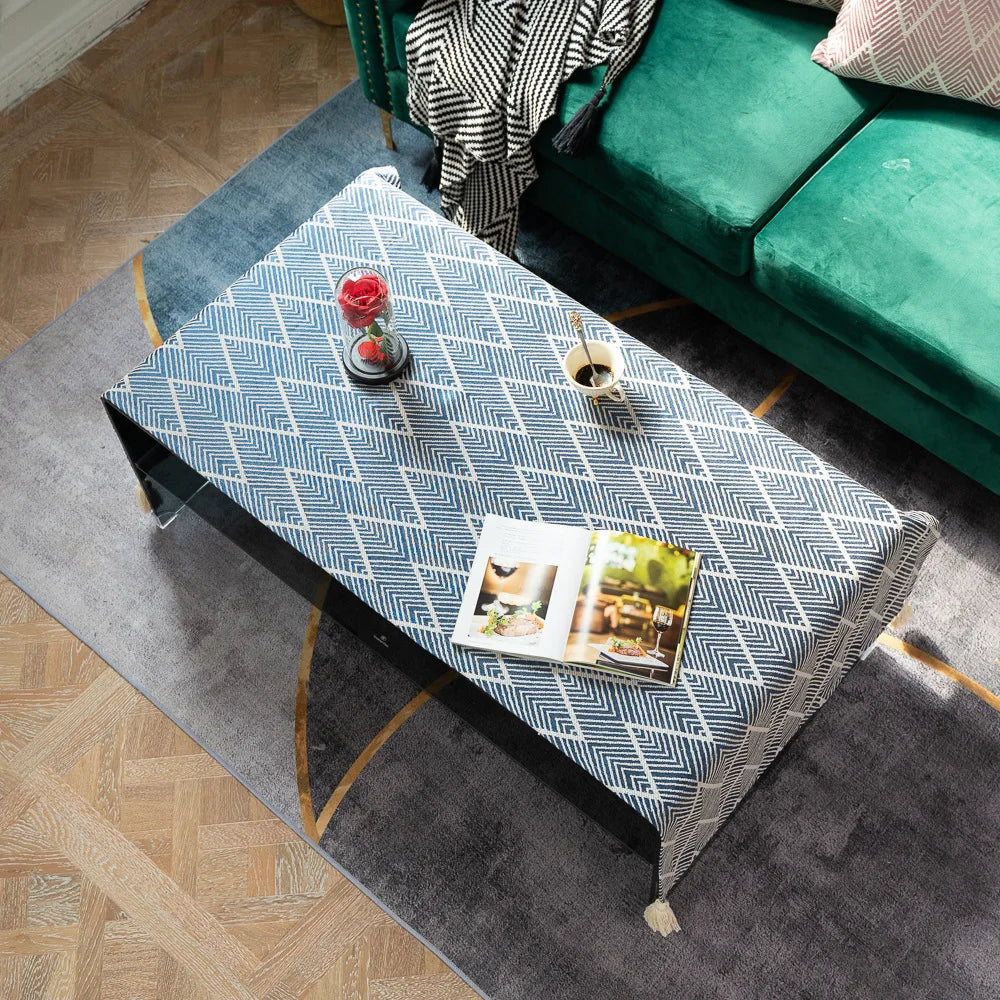 Cotton Linen Coffee Table Cloth,Coffee Table Cover with Tassels TV Cabinet Waterproof Rectangle Wavy Tablecloths
