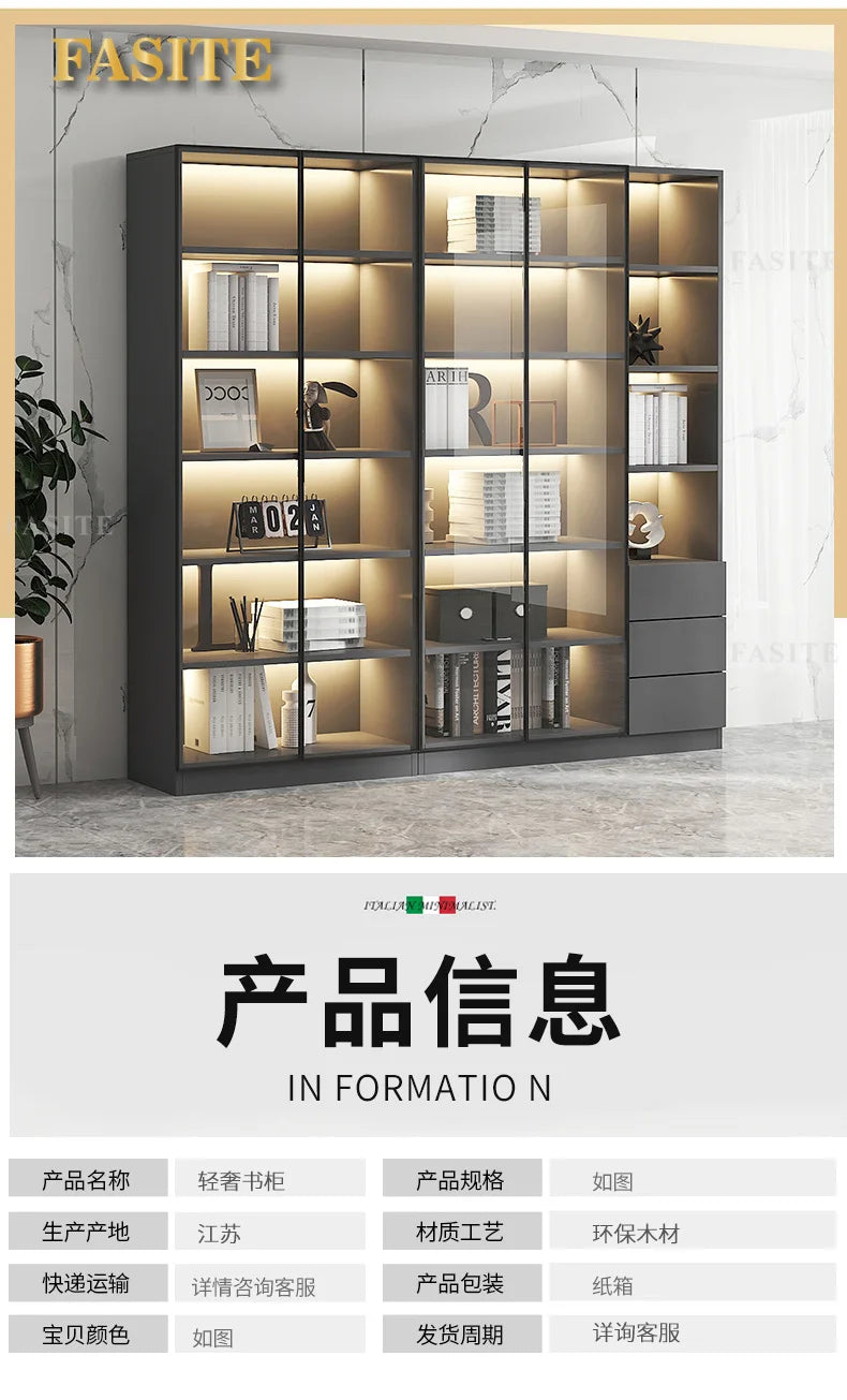 Glass door, light luxury bookcase, living room, floor to wall, dustproof bookcase, bookshelf