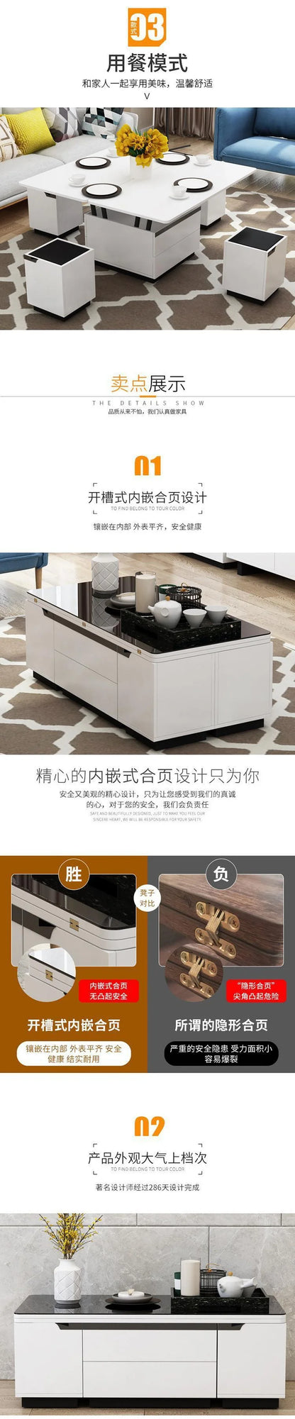 Tea table, dining table, multifunctional lifting and folding, simple modern living room, creative tempered glass coffee table