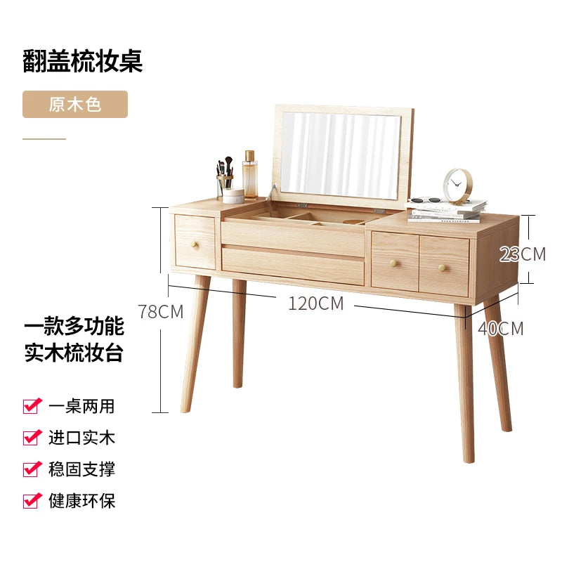 Qf Modern Minimalist Solid Wood Dresser Desk Integrated Mirror Foldable Makeup Table