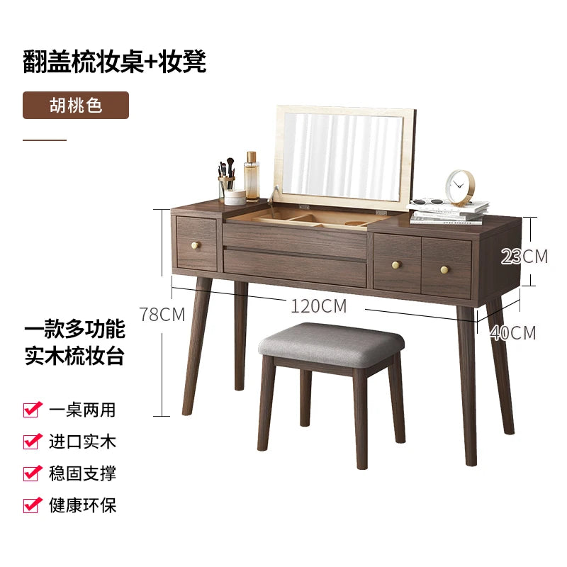 Qf Modern Minimalist Solid Wood Dresser Desk Integrated Mirror Foldable Makeup Table