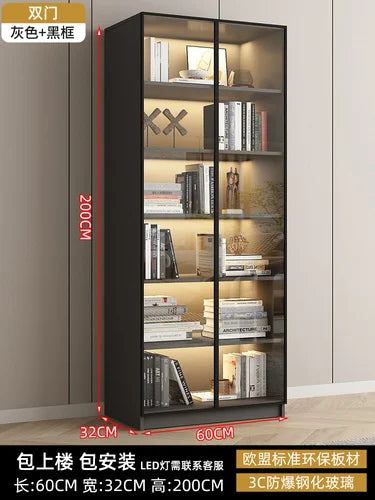 Glass door, light luxury bookcase, living room, floor to wall, dustproof bookcase, bookshelf