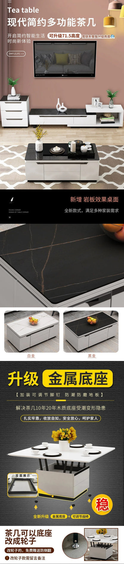 Tea table, dining table, multifunctional lifting and folding, simple modern living room, creative tempered glass coffee table