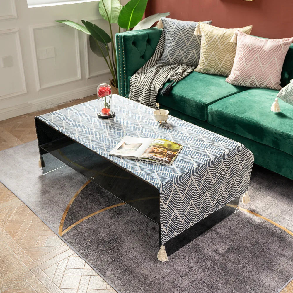 Cotton Linen Coffee Table Cloth,Coffee Table Cover with Tassels TV Cabinet Waterproof Rectangle Wavy Tablecloths
