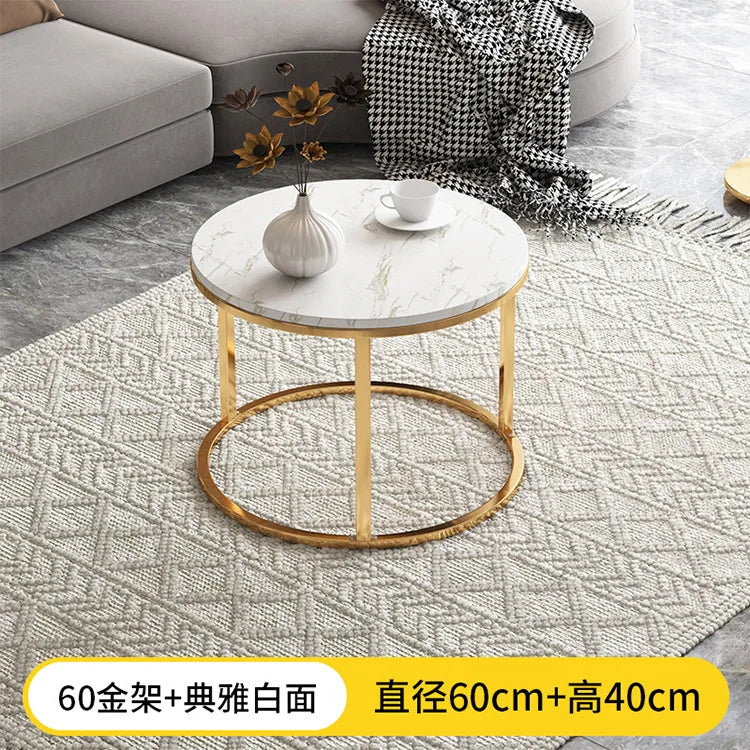 Round Tea Table Living Room Coffee Tables Marble Texture Wooden Combination Furniture Durable Table 70CM 50CM 80CM 60CM