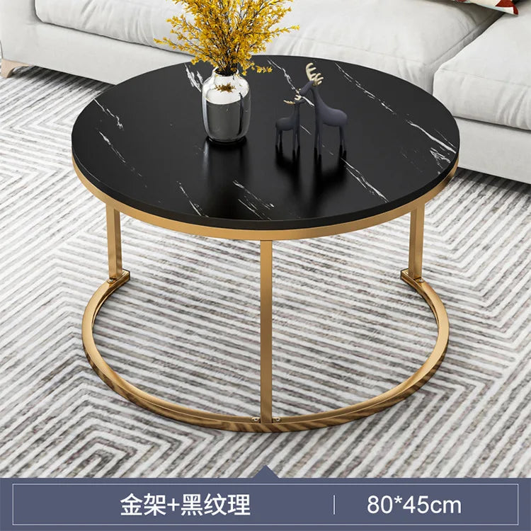 Round Tea Table Living Room Coffee Tables Marble Texture Wooden Combination Furniture Durable Table 70CM 50CM 80CM 60CM