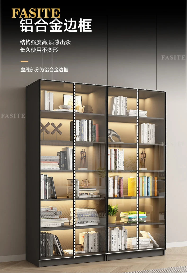 Glass door, light luxury bookcase, living room, floor to wall, dustproof bookcase, bookshelf