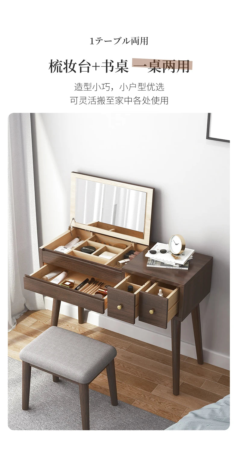 Qf Modern Minimalist Solid Wood Dresser Desk Integrated Mirror Foldable Makeup Table