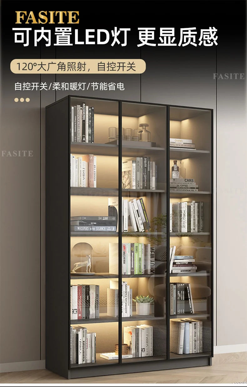 Glass door, light luxury bookcase, living room, floor to wall, dustproof bookcase, bookshelf