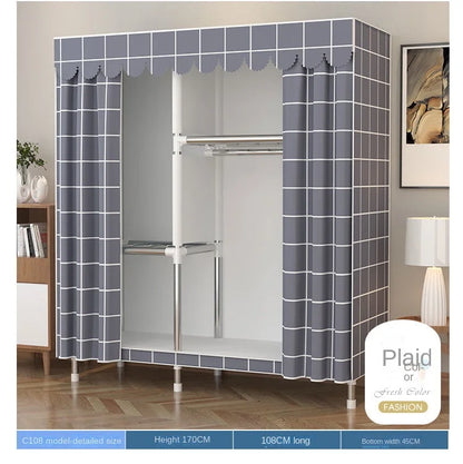 Simple Wardrobe Cloth Closet Furniture For Home Household Bedroom Assembly Cabinet Steel Pipe Reinforced Storage Rack Wardrobe