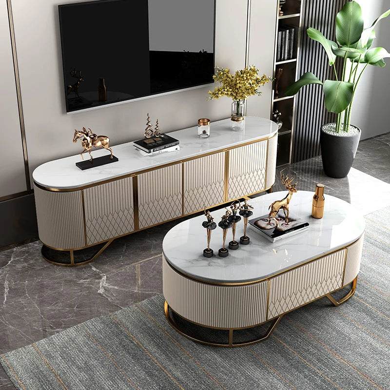 Affordable Luxury Style TV Cabinet and Tea Table Combination Simple Modern Living Room Floor Cabinet Marble