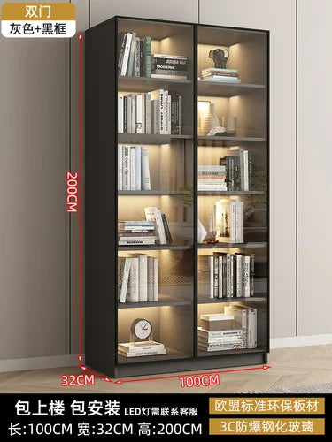 Glass door, light luxury bookcase, living room, floor to wall, dustproof bookcase, bookshelf