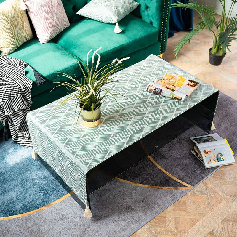 Cotton Linen Coffee Table Cloth,Coffee Table Cover with Tassels TV Cabinet Waterproof Rectangle Wavy Tablecloths