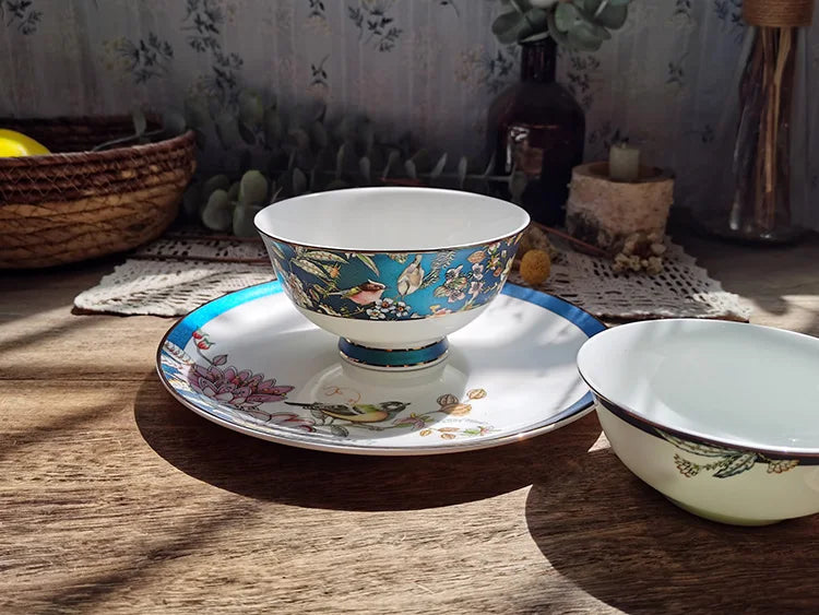 Bone china tableware Chinese style pastoral style 4.5 inch rice bowl flower bird embossed flower 8 inch plate 12 inch fish plate