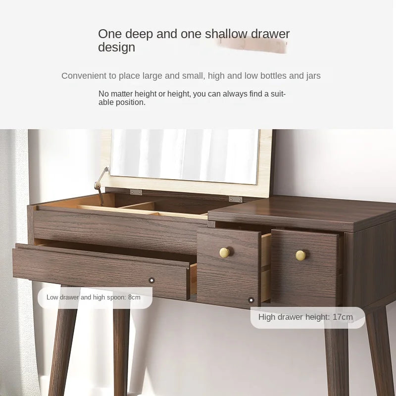 Qf Modern Minimalist Solid Wood Dresser Desk Integrated Mirror Foldable Makeup Table