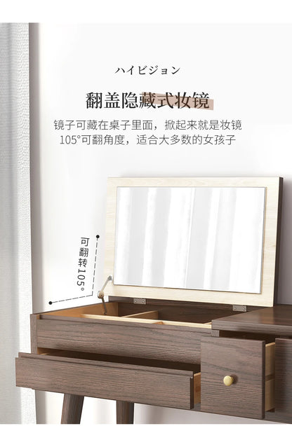 Qf Modern Minimalist Solid Wood Dresser Desk Integrated Mirror Foldable Makeup Table