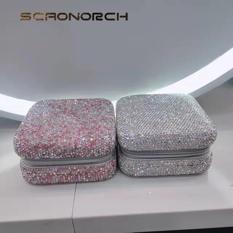 Bling Rhinestone Jewelry Box Case Makeup Organizer Dresser Display Cabinet Travel Portable Leather Partition Storage Box