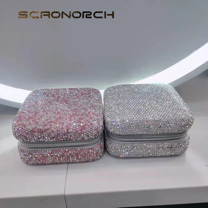 Bling Rhinestone Jewelry Box Case Makeup Organizer Dresser Display Cabinet Travel Portable Leather Partition Storage Box