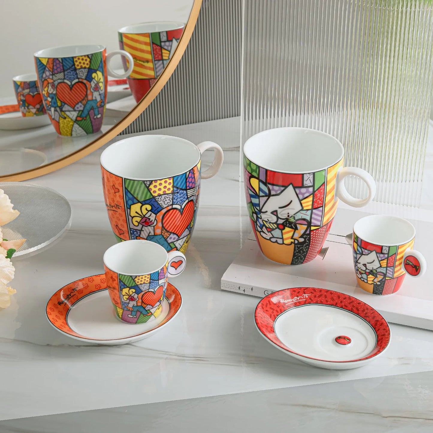 German Blue Cat European Creative Mini Ceramic Coffee Cup Tea Cups and Saucer Sets  Coffee Cup  Cute Cup  Teacup Mug