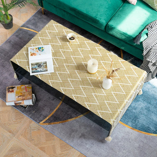 Cotton Linen Coffee Table Cloth,Coffee Table Cover with Tassels TV Cabinet Waterproof Rectangle Wavy Tablecloths