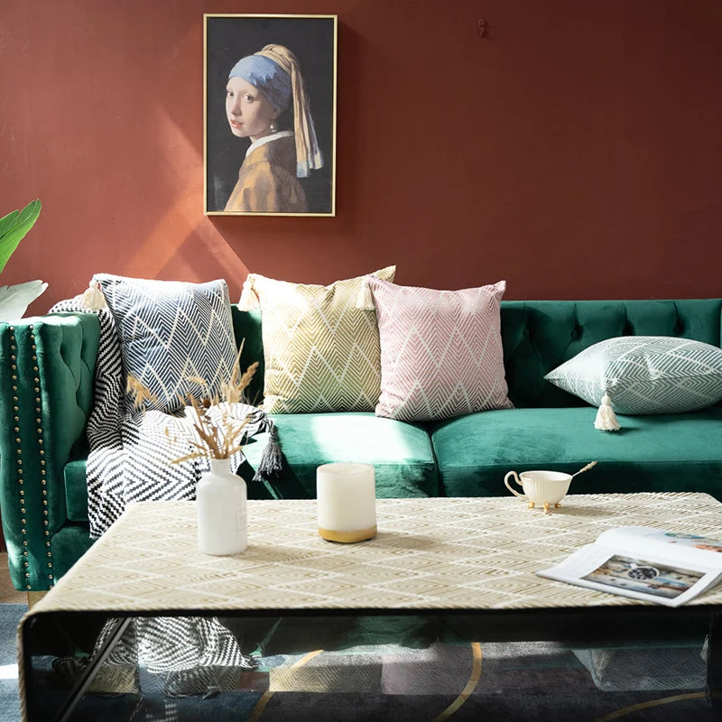 Cotton Linen Coffee Table Cloth,Coffee Table Cover with Tassels TV Cabinet Waterproof Rectangle Wavy Tablecloths