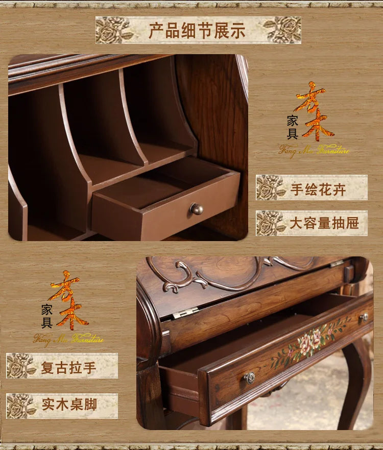 European American Style Makeup Table Solid Wood Dressing Table Classical Secretarial Cabinet Desk Side Table