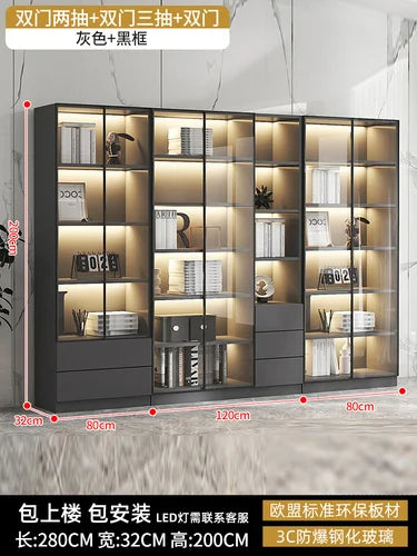 Glass door, light luxury bookcase, living room, floor to wall, dustproof bookcase, bookshelf