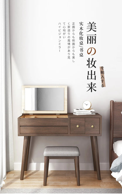 Qf Modern Minimalist Solid Wood Dresser Desk Integrated Mirror Foldable Makeup Table