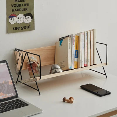 Iron Solid Wood Small Bookshelf Desktop Book Simple Storage Shelf Office Desk Shelf