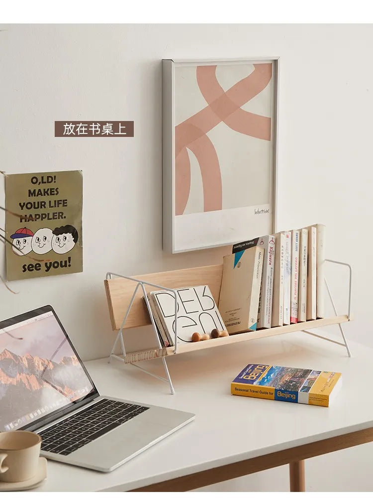 Iron Solid Wood Small Bookshelf Desktop Book Simple Storage Shelf Office Desk Shelf