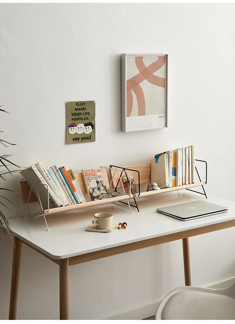 Iron Solid Wood Small Bookshelf Desktop Book Simple Storage Shelf Office Desk Shelf