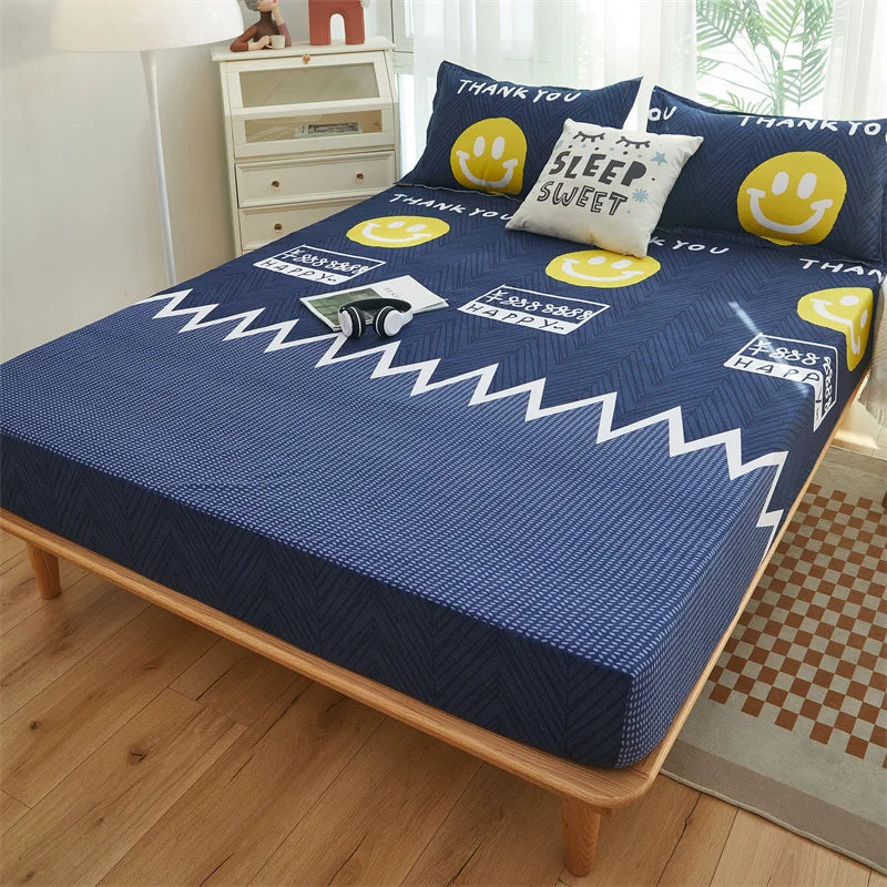 Solstice Home Textile Girl Kid Teen Bedding Fitted Sheet Flower Blue Cartoon Smiley Face 1Pcs Boy Bed Mattress Cover Double Bed