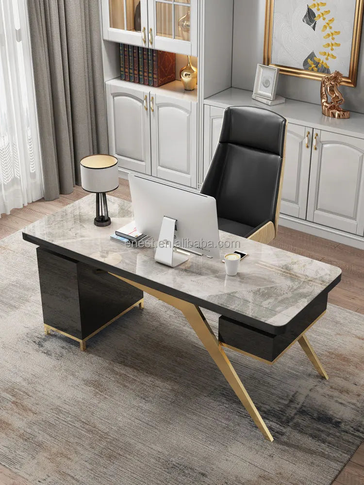 Modern Design Luxury Gold Stainless Steel Computer Table Working Desk with sintered stone for home office furniture set