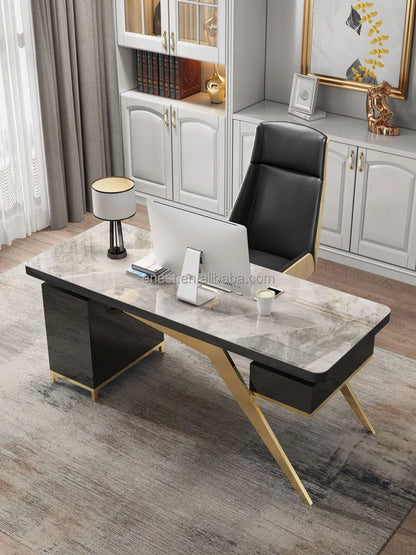 Modern Design Luxury Gold Stainless Steel Computer Table Working Desk with sintered stone for home office furniture set