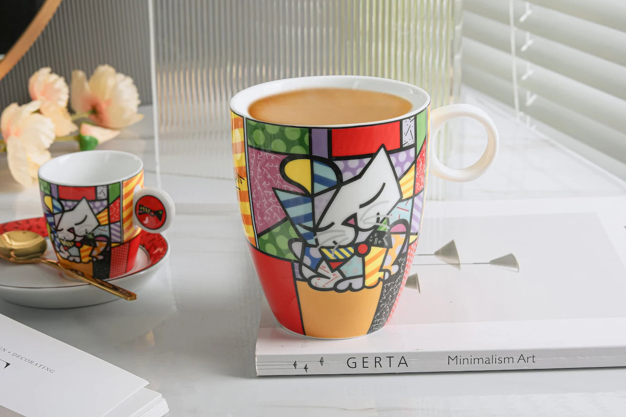 German Blue Cat European Creative Mini Ceramic Coffee Cup Tea Cups and Saucer Sets  Coffee Cup  Cute Cup  Teacup Mug