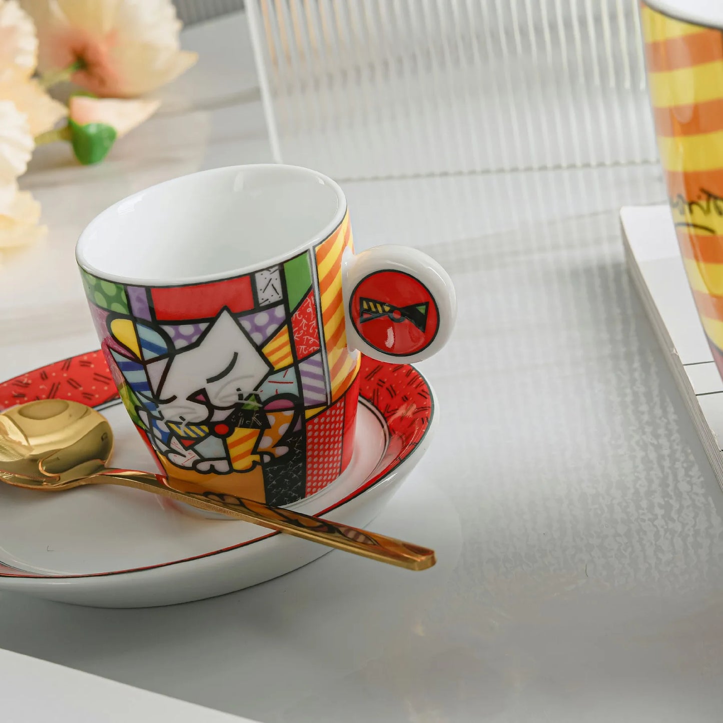 German Blue Cat European Creative Mini Ceramic Coffee Cup Tea Cups and Saucer Sets  Coffee Cup  Cute Cup  Teacup Mug