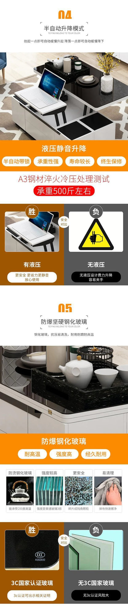 Tea table, dining table, multifunctional lifting and folding, simple modern living room, creative tempered glass coffee table