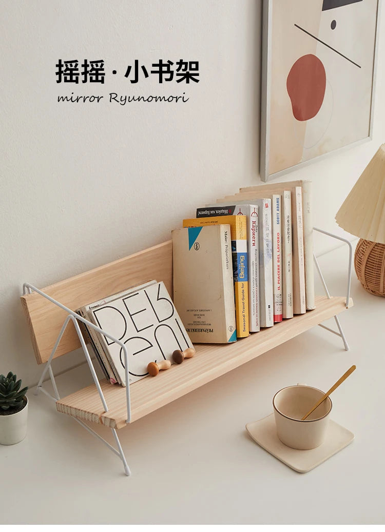 Iron Solid Wood Small Bookshelf Desktop Book Simple Storage Shelf Office Desk Shelf