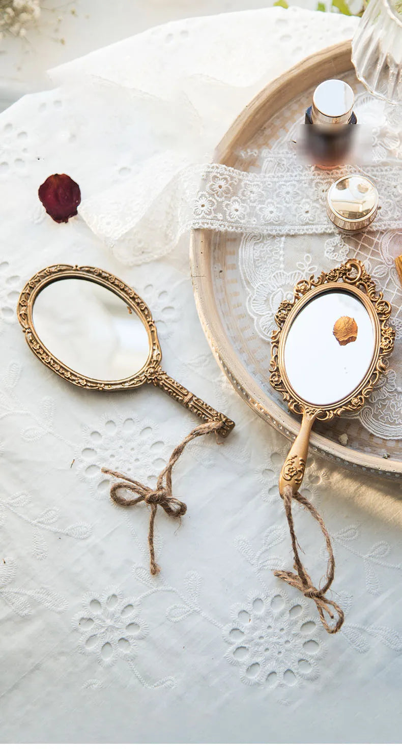 European Metal Vanity Mirror Desktop Retro Craft Ornament  Bedroom Dresser Palace Relief Cosmetic Mirrors Home Decoration