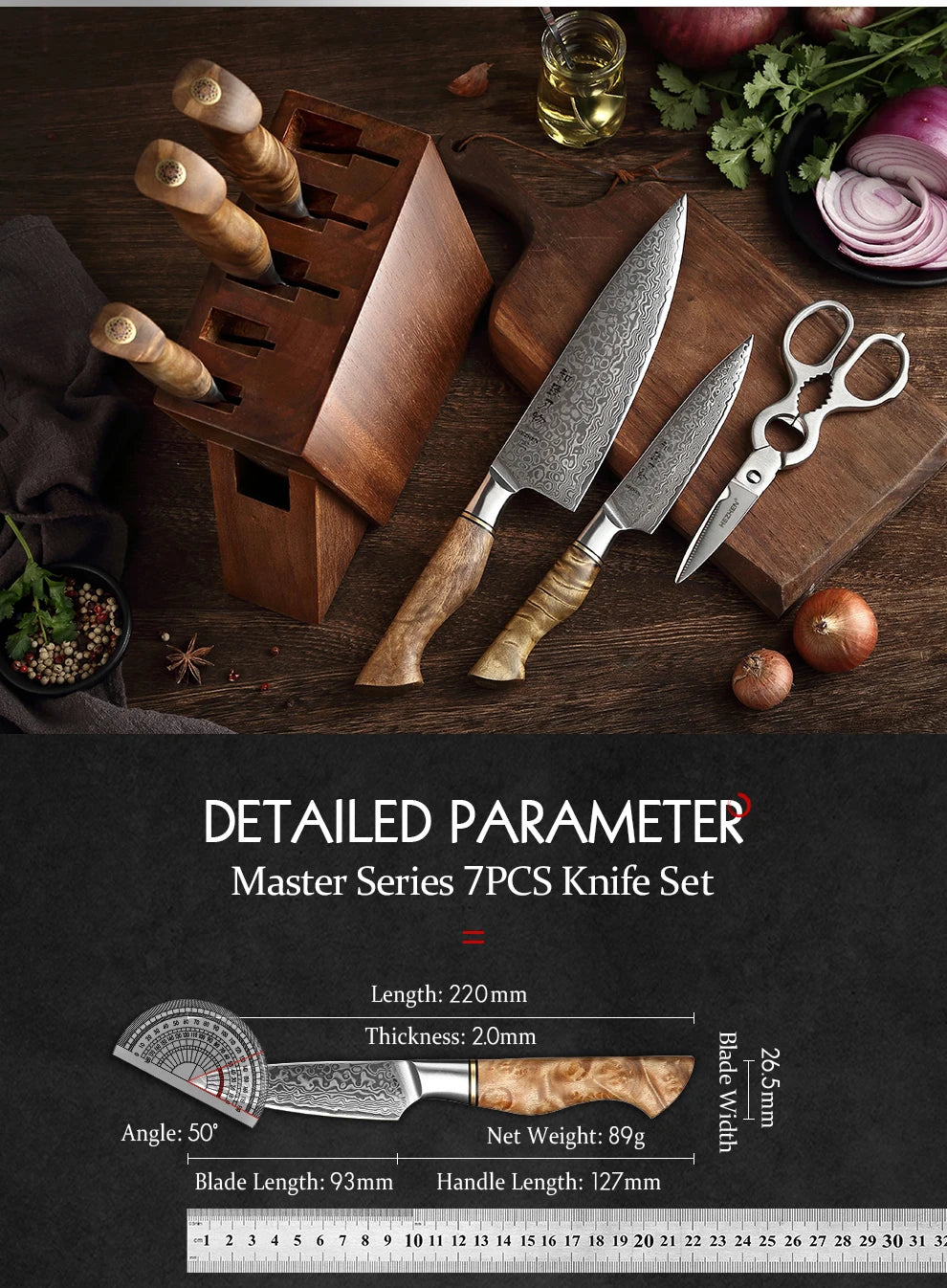 HEZHEN 7PC Knife Set Professional Damascus Steel Chef Santoku Bread Utility Paring Cook Knife For Meat Sharp Kitchen Knife